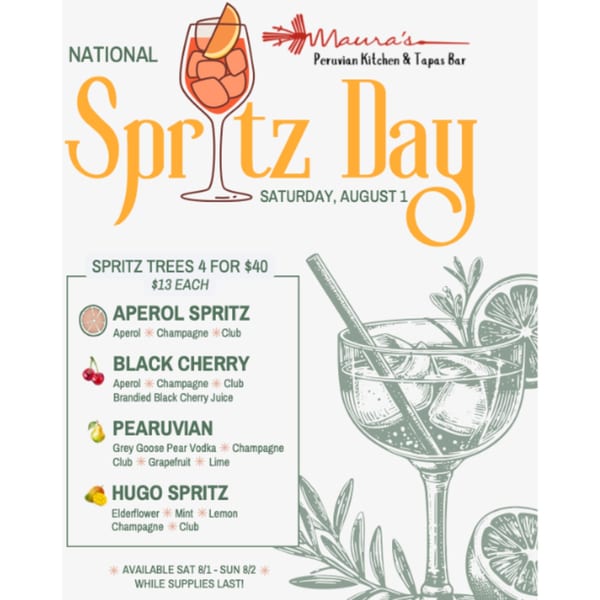 Maura's Peruvian Kitchen & Tapas Bar advertises National Spritz Day with cocktail illustrations and a spritz menu.