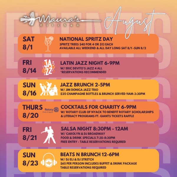 August events schedule for Maura's Kitchen, featuring themed nights like jazz, salsa, and brunch.