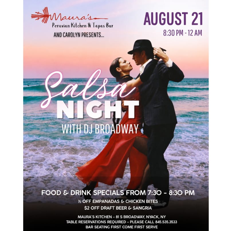A couple dances salsa on a beach at sunset, advertising Maura's Salsa Night event.