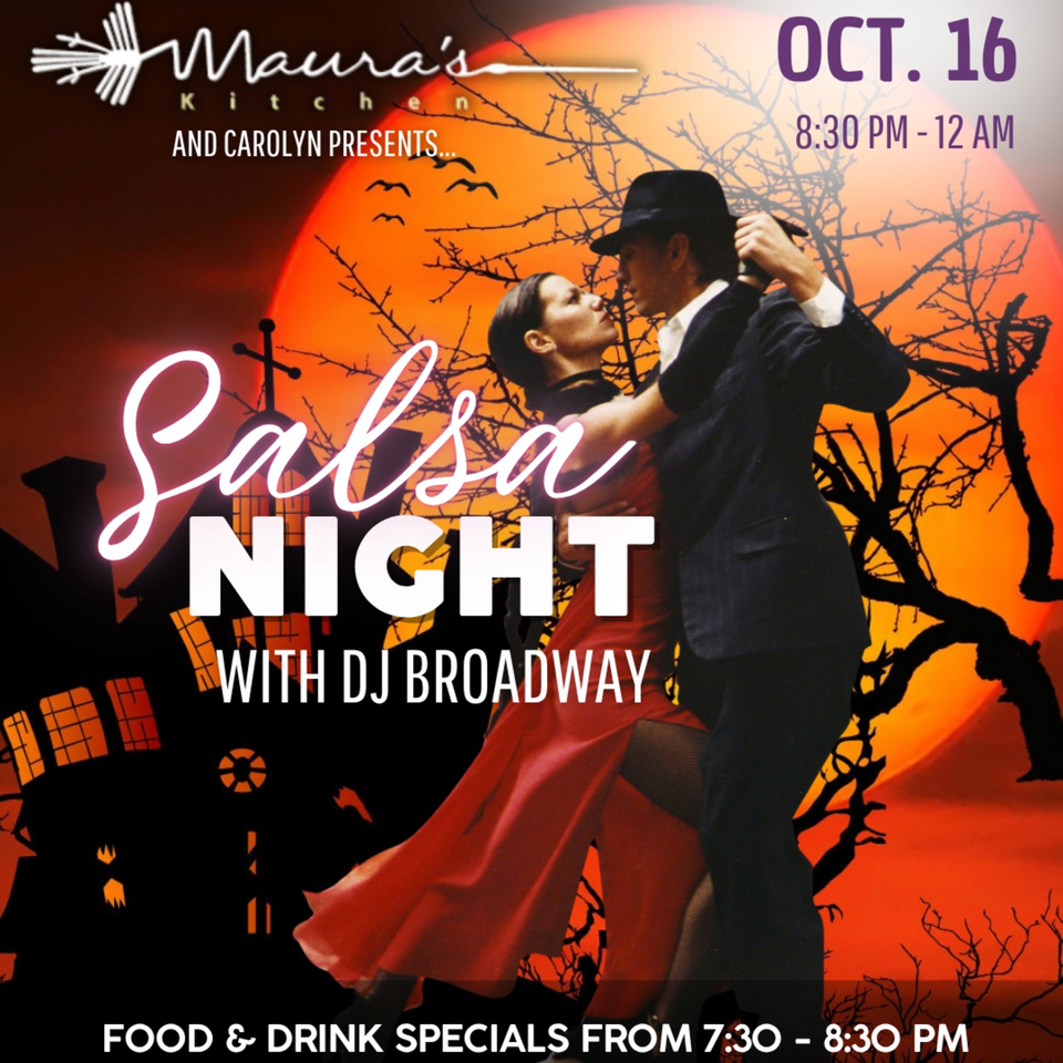 Halloween-themed salsa night poster featuring a dancing couple, orange moonlit background, and event details for Maura’s Kitchen.