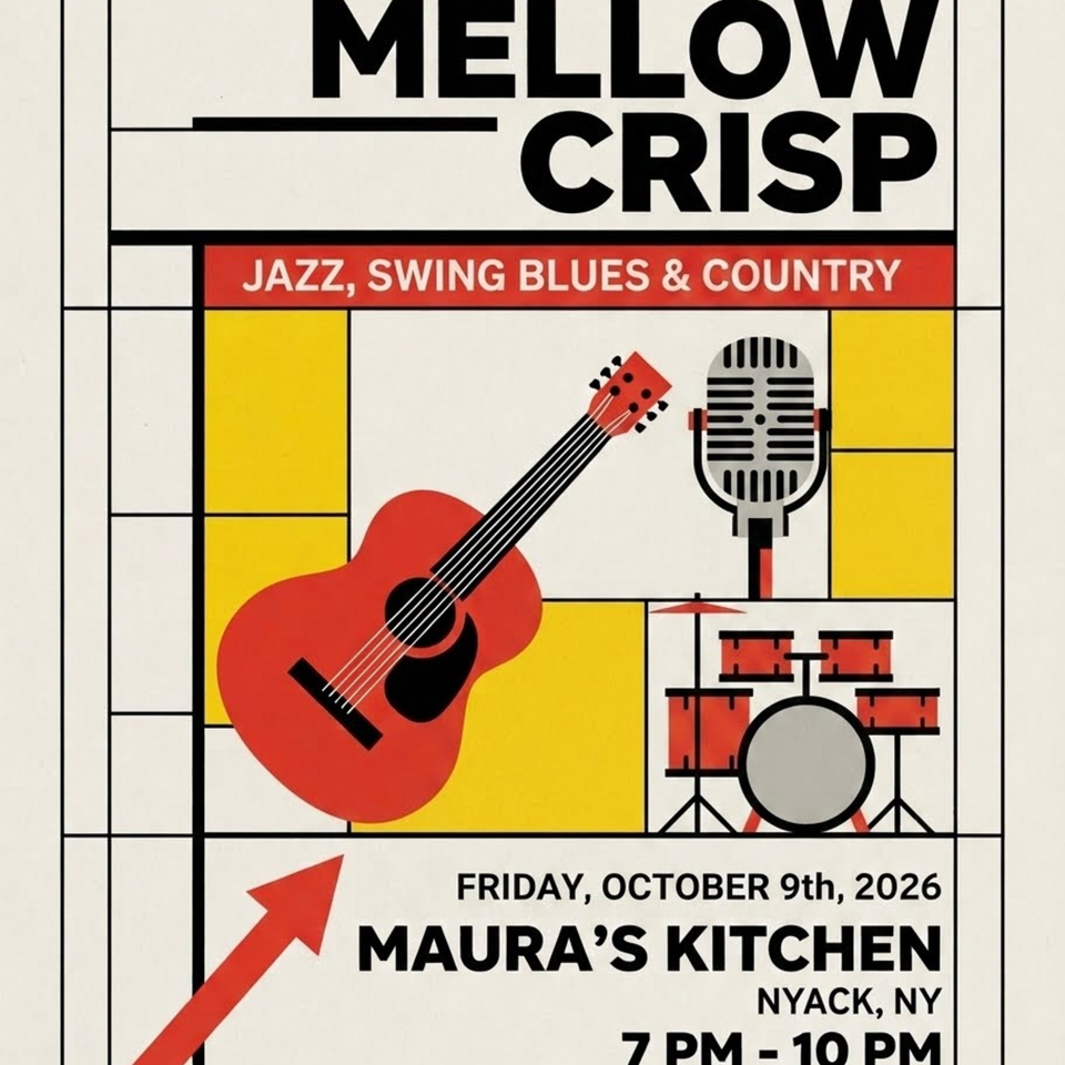 Concert poster featuring a red guitar, vintage microphone, and drum kit announcing Mellow Crisp at Maura’s Kitchen.