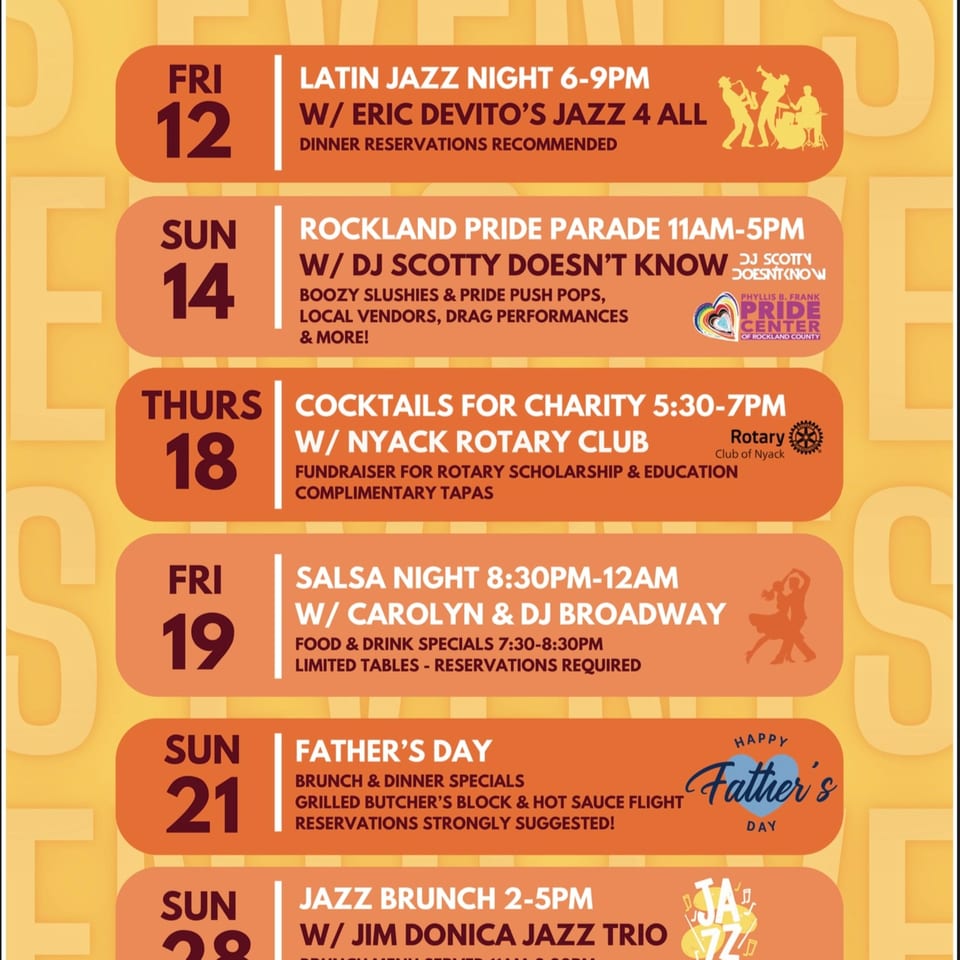 A calendar of events for June, including Latin Jazz Night, Rockland Pride Parade, and Father's Day.