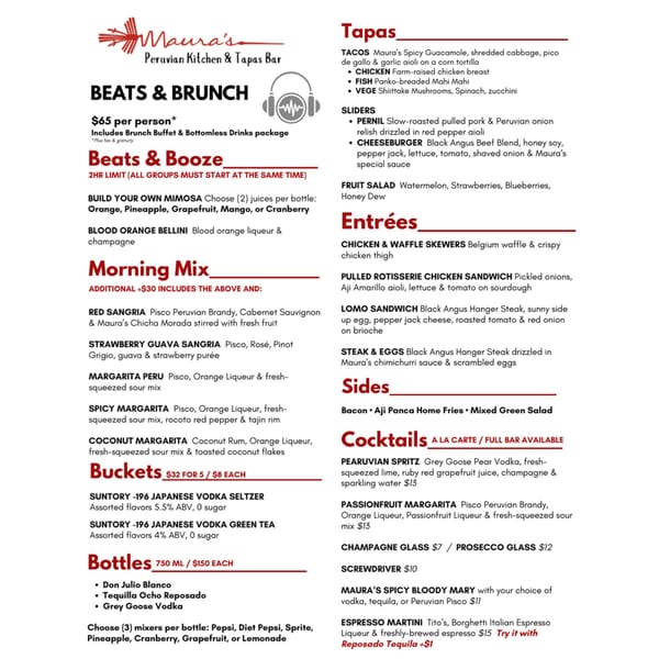 Maura’s Peruvian Kitchen & Tapas Bar Beats & Brunch menu listing tapas, entrées, sides, cocktails, brunch drinks, and bottles.