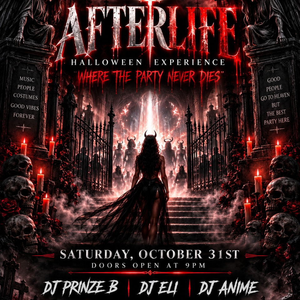 Gothic Halloween party poster featuring a horned woman, demonic figures, candles, skulls, and haunted gates under red lighting.