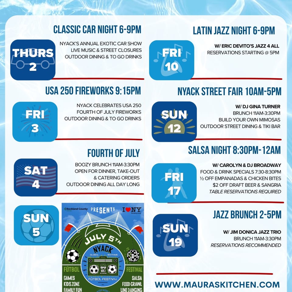A blue and white flyer for Maura's Kitchen, detailing July events like Classic Car Night and Salsa Night.