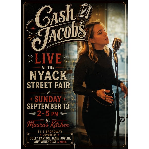 Vintage poster promoting Cash Tacods live music at Nyack Street Fair, featuring a female singer at a retro microphone.
