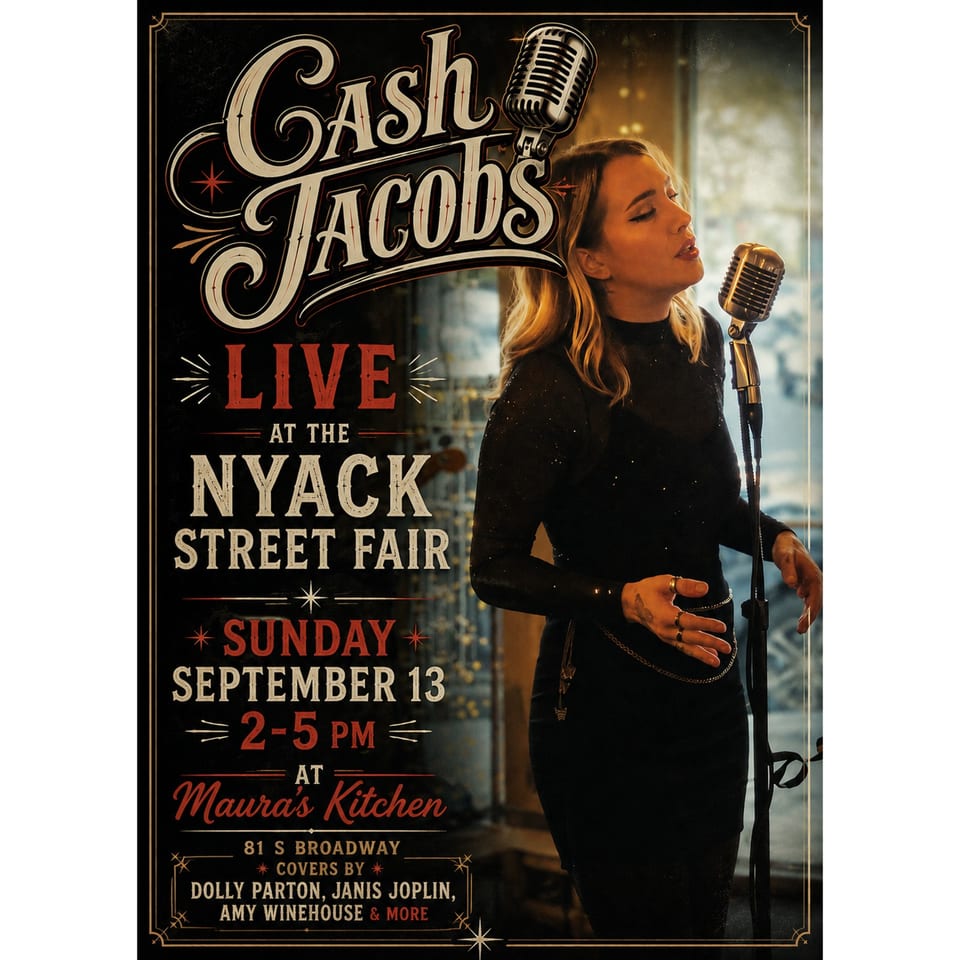 Vintage poster promoting Cash Tacods live music at Nyack Street Fair, featuring a female singer at a retro microphone.