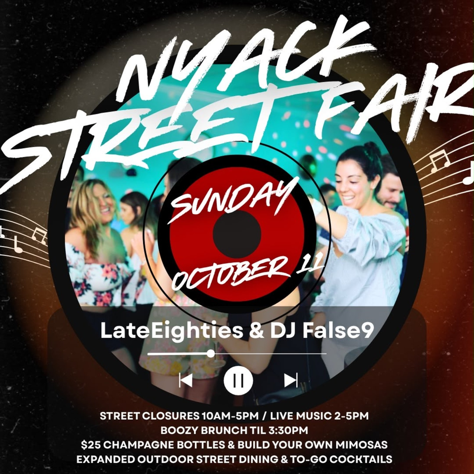 Event poster featuring dancing people, a vinyl record graphic, and details for Sunday October 11 brunch with live music and DJ.