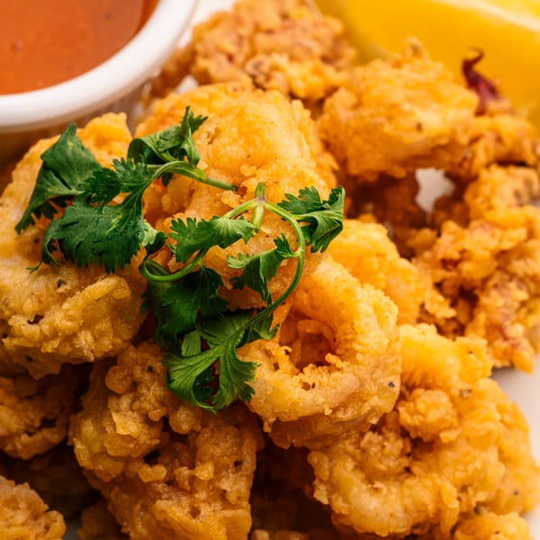 Crispy fried calamari, garnished with fresh cilantro, served with a side of red dipping sauce.