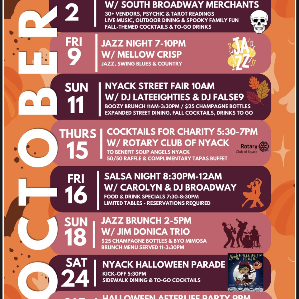 Autumn-themed Nyack events calendar featuring live music, street fairs, cocktails, brunches, and a Halloween parade.